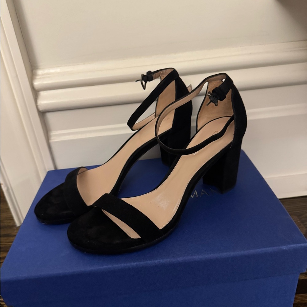 Stuart Weitzman Black Suede Block Heel Sandals